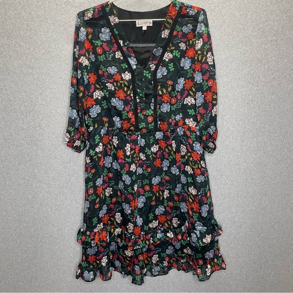 Nanette Lepore V Neck Elbow Sleeve Dark Floral Print Dress in Berry - Picture 2 of 11